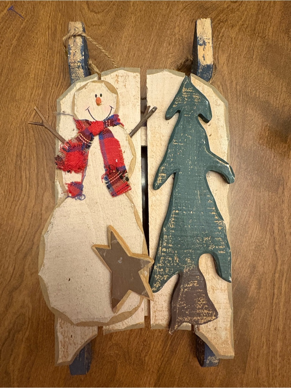 Rustic Wooden Sled Holiday Decor with White Snowman & Green Tree